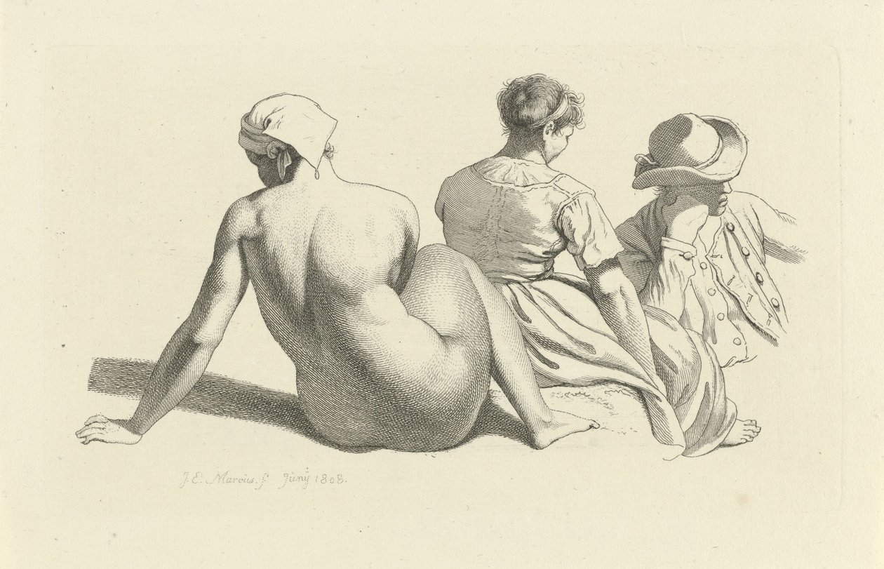 Studieark med siddende nøgen og to figurer Studietryk / Etudes gravées (serietitel) af Jacob Ernst Marcus