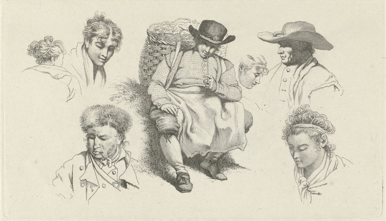 Studieark med figurer og en hvilende fiskehandler med pibe Studietryk / Etudes gravées (serietitel) af Jacob Ernst Marcus