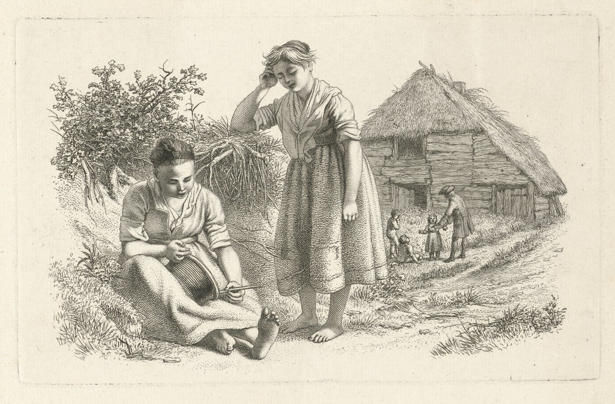 To kvinder og en mand med børn foran en lade Studietryk / Etudes gravées (serietitel) af Jacob Ernst Marcus