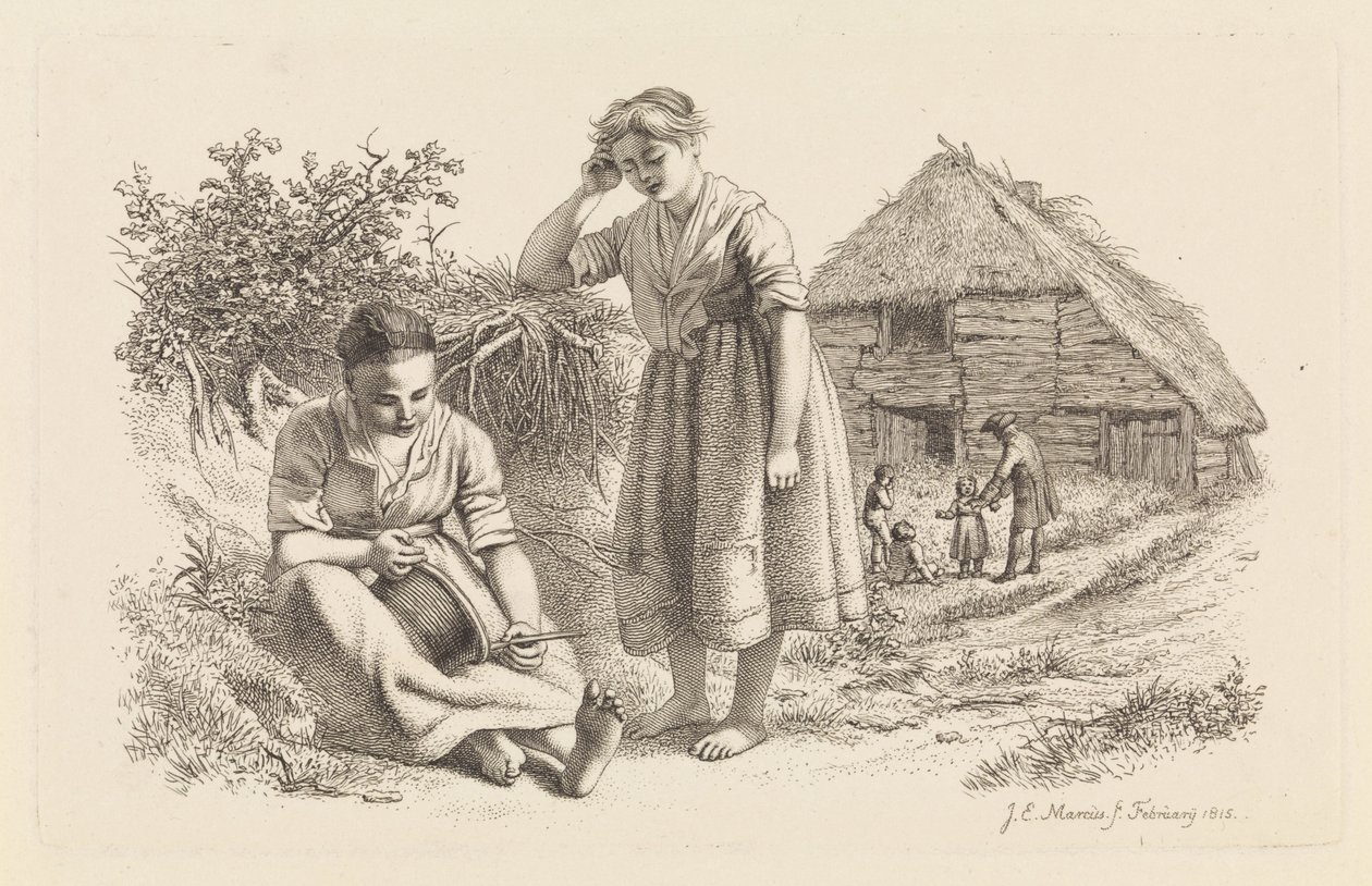 To kvinder og en mand med børn foran en lade Studietryk / Etudes gravées (serietitel) af Jacob Ernst Marcus