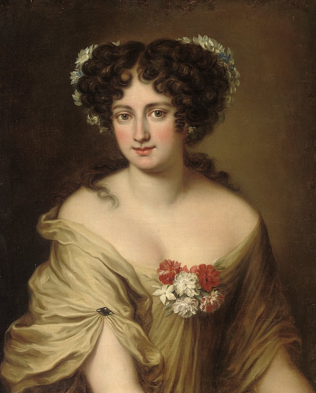 Portræt af Contessa Ortensia Ianni Stella, brystlængde, i en elfenbensfarvet kemi, med blomster i håret af Jacob Ferdinand Voet