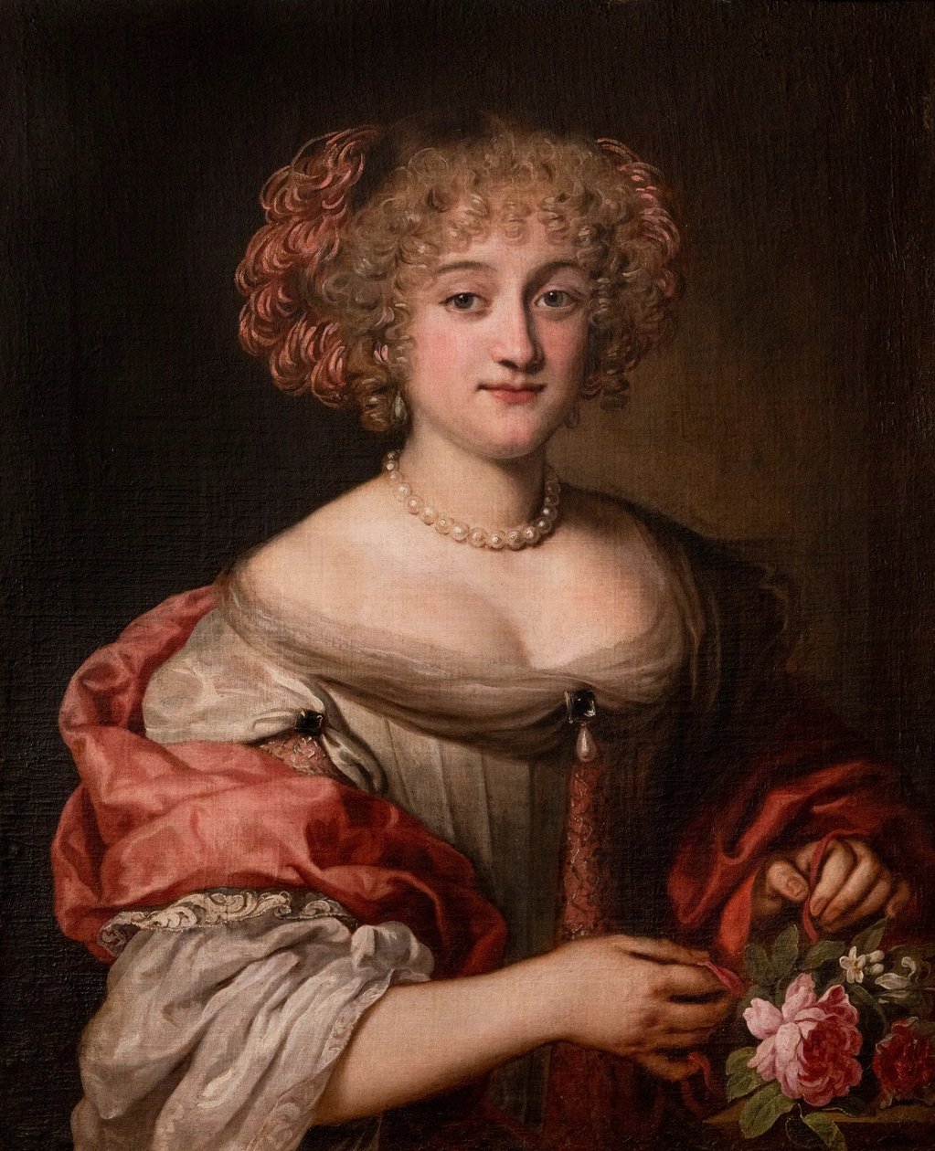 Portræt af en dame fra Colonna-familien, halvfigur, i duegrå kjole og lyserødt silkeomslag af Jacob Ferdinand Voet