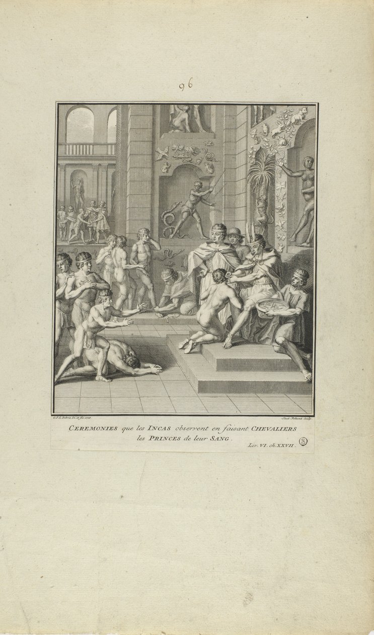 Inkaernes ceremonier for at gøre riddere/prinser af deres blod (fra bogen Histoire des Yncas...etc.) af Jacob Folkema