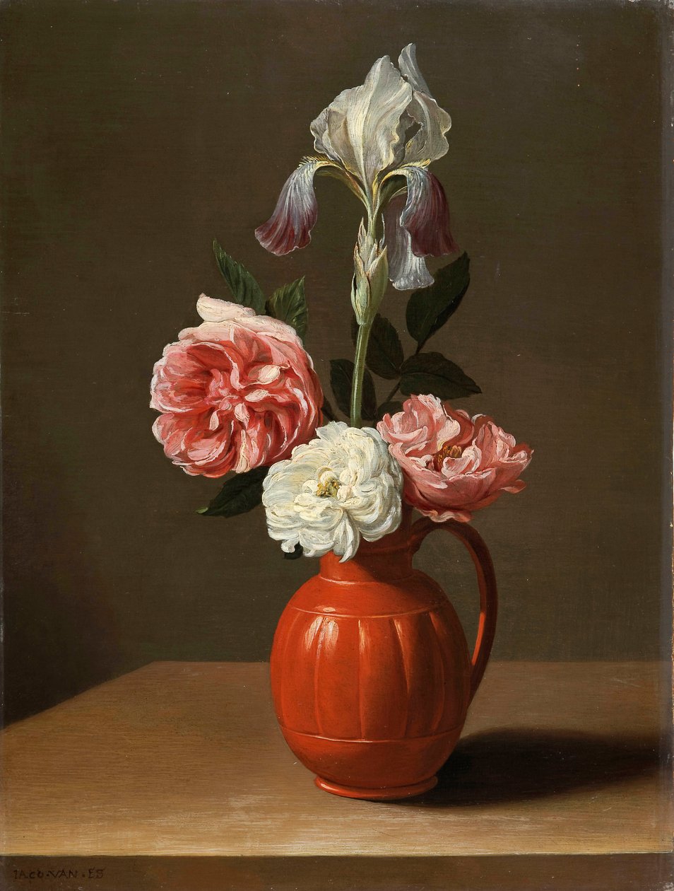 ""Buket af iriser og tre roser i en fajancegryde"" (En iris og tre roser i en lerkrukke) Maleri af Jacob Foppens van Es (ca. 1596-1666), - Olie på træ, Dim 30x29 cm Fondation Custodia af Jacob  Foppens van Es