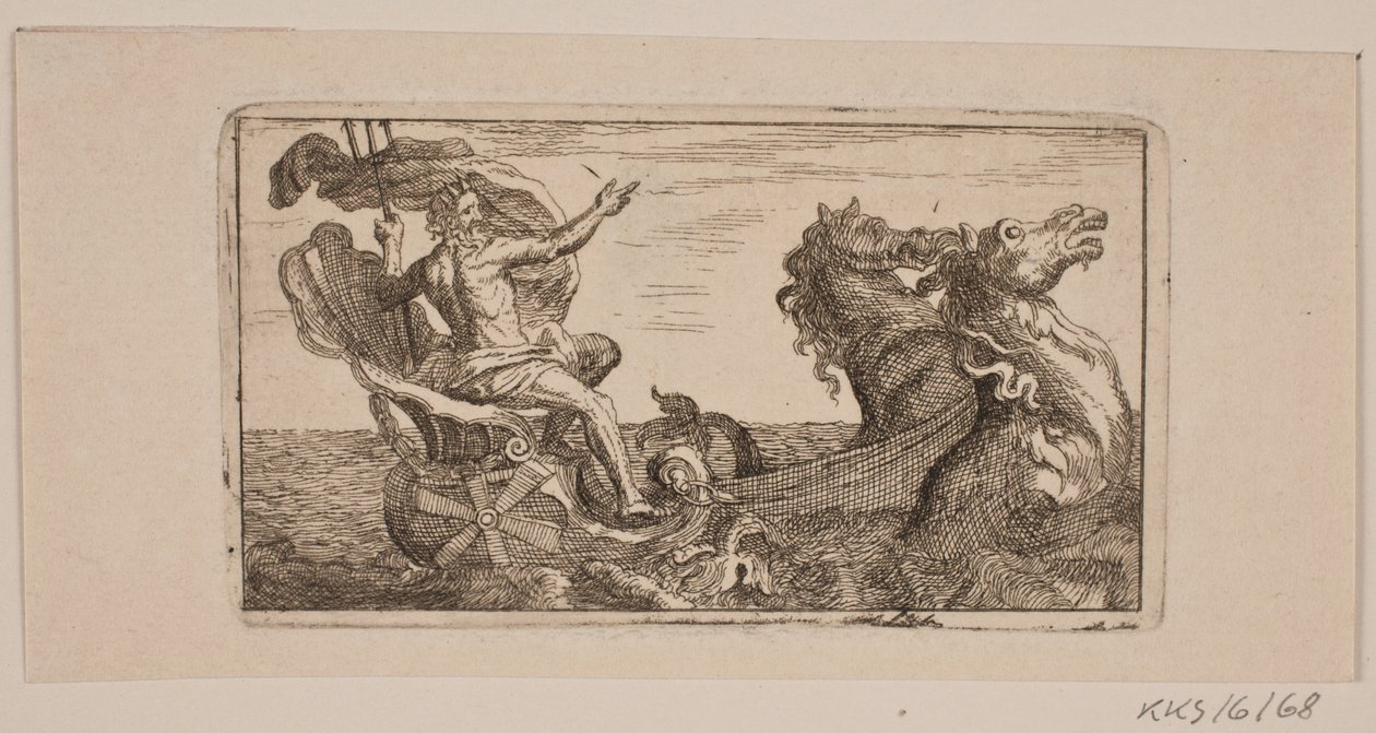 Neptun. Illustration til Jacob Fosie, "Lære-Klude [...] eller Prøver paa Kaaber, Slibe, Grunde, Naale, Etz-Vand, Sverte, Viske, Lade og Trykke fra Aar 1741 til Aar 1743" af Jacob Fosie