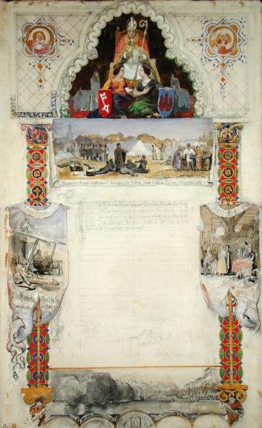 Design til et takkedokument til Bremen fra Hamborg, 1843 (blyant, pen & blæk og wc på papir) af Jacob Gensler