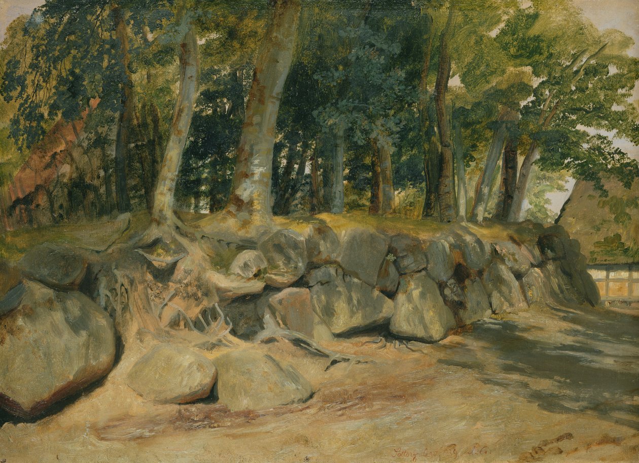 Stenmuren i Sottorf, 1839 (olie på papir på kort) af Jacob Gensler