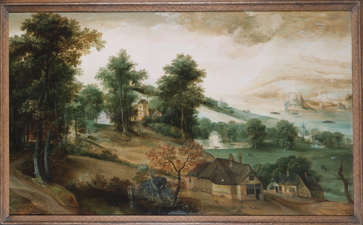 Et omfattende landskab med hytter i forgrunden, 1561 af Jacob Grimmer