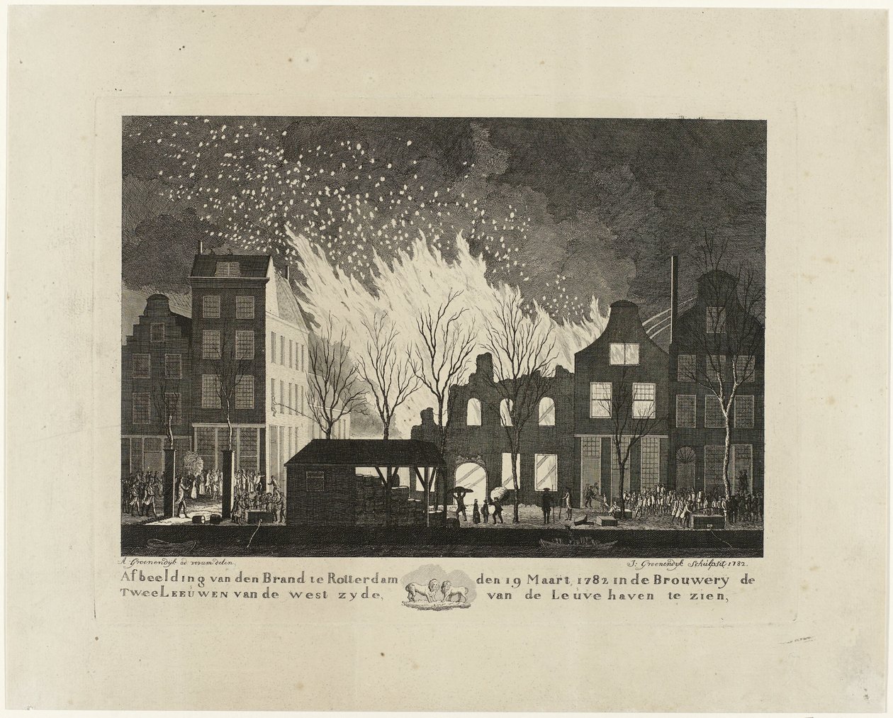 Brand i De Twee Leeuwen-bryggeriet i Rotterdam, 1782 Billede af den Brand i Rotterdam den 19. marts 1782 i Brouwery de Twee Leeuwen fra vestsiden af ​​Leuvehaven (titel på objektet) af Jacob Groenendijk