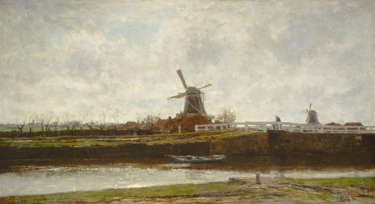 Udsigt over møllen og broen på Noordwest Buitensingel i Haag, 1873. af Jacob Henricus Maris
