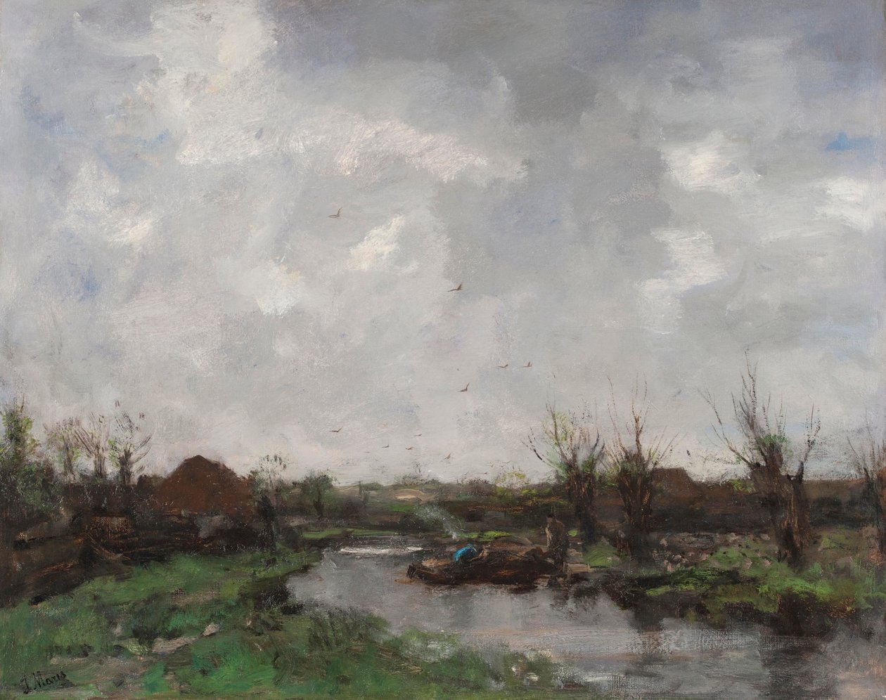Et flodlandskab med bondegårde, slutningen af 1870