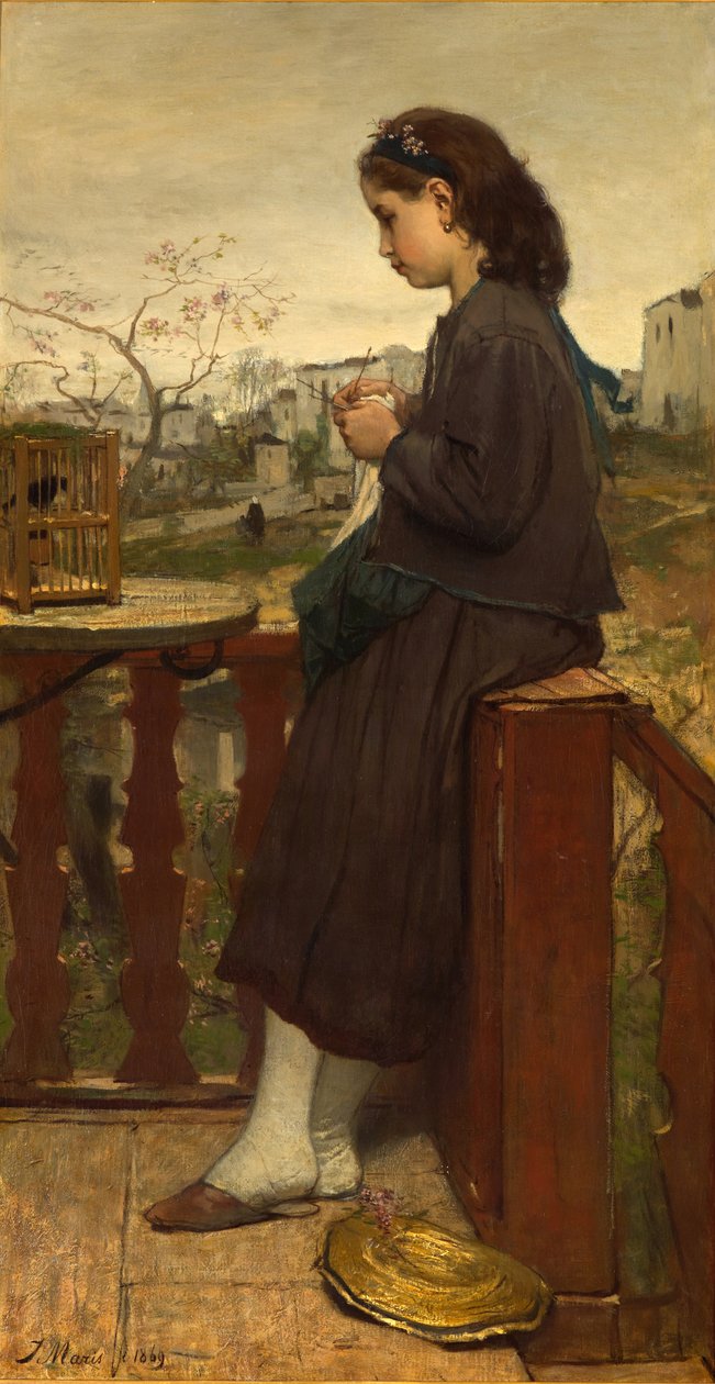 Pige strikker på balkonen, Montmartre, 1869 af Jacob Henricus or Hendricus Maris