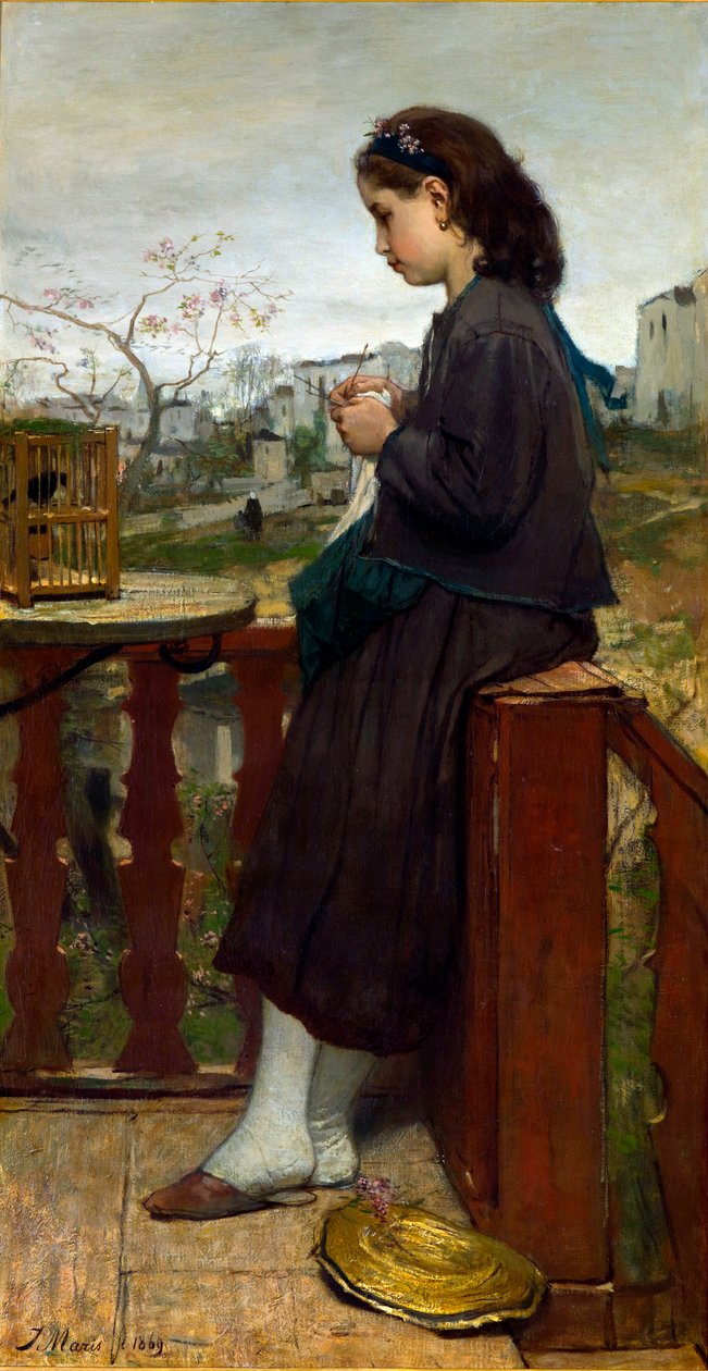""Ung pige strikker på en balkon, Montmartre, Paris"" (Pige strikker på en balkon, Montmartre) Maleri af Jacob Maris (1837-1899) - 1869 - Olie på lærred Dim 110x75,7 cm Gemeentemuseum Den Haag af Jacob Henricus or Hendricus Maris