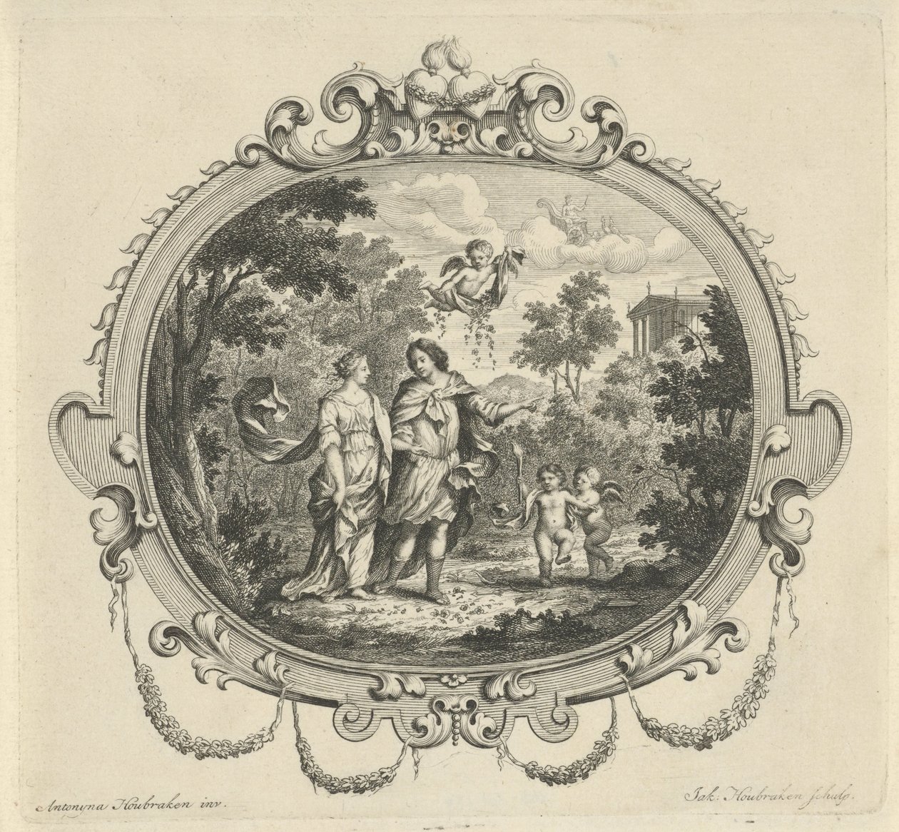 Vandrende par ledsaget af putti af Jacob Houbraken