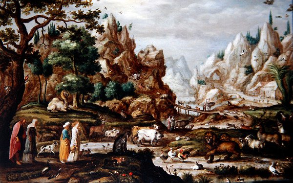 Et klippelandskab med Noah og dyrene (olie på panel) af Jacob II (circle of) Savery