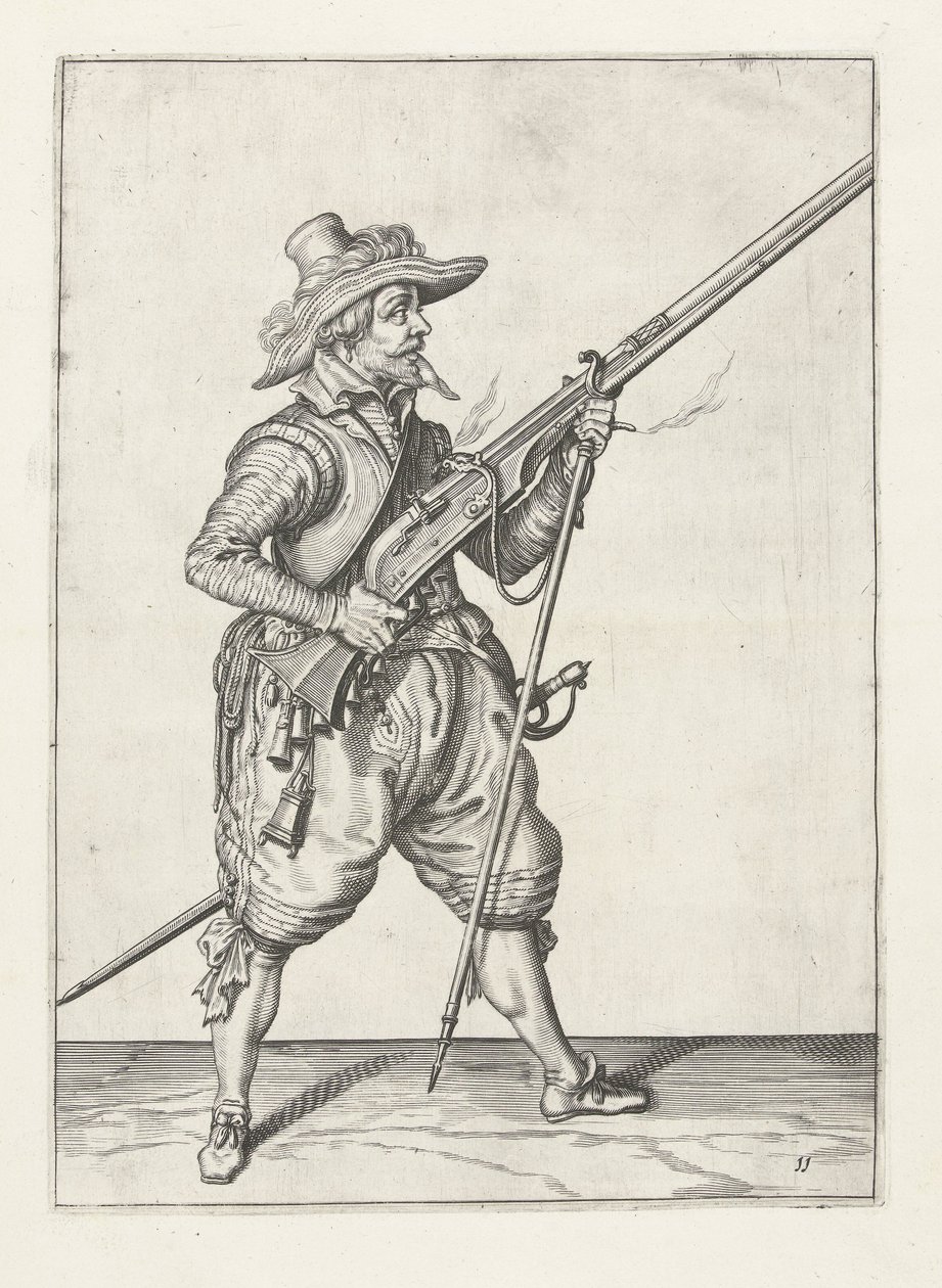 Musketer placerer sin furket nedenunder, ca. 1600 af Jacob II de Gheyn
