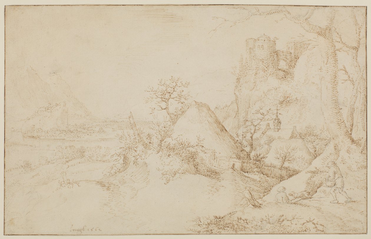 Landskab med to bønder og en hund, ca. 1525-69 af Jacob I Savery
