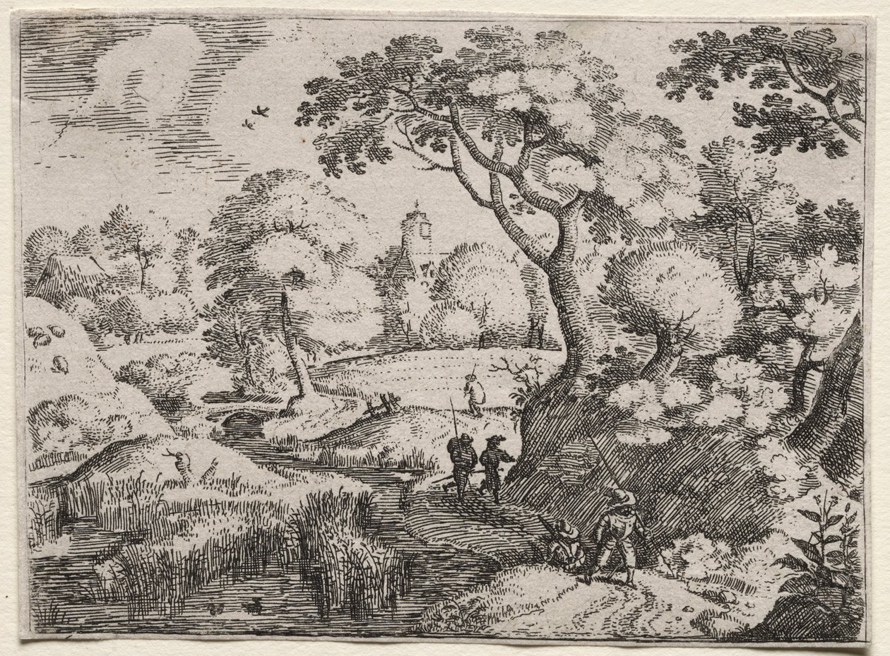 Seks landskaber: sti mellem sump og skovklædt bred, ca. 1595. af Jacob I Savery
