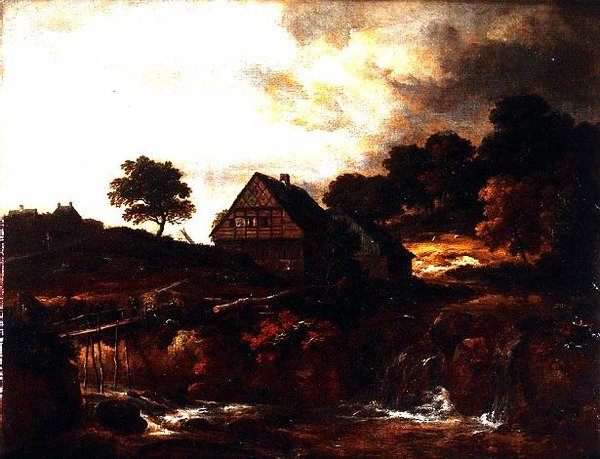 Skovklædt landskab med bonde på en bro over en torrent af Jacob I. van (follower of) Ruisdael