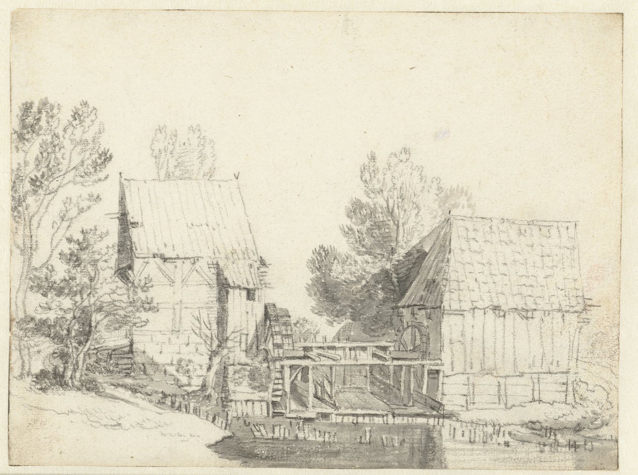 Udsigt over to vandmøller af Jacob Isaacksz van Ruisdael (school of)