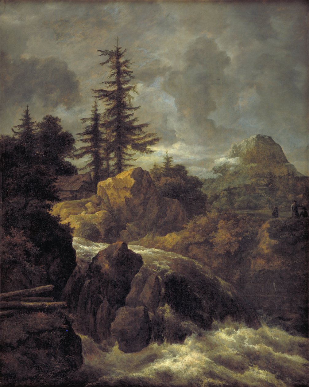 Landskab med et vandfald og en hytte af Jacob van Ruisdael