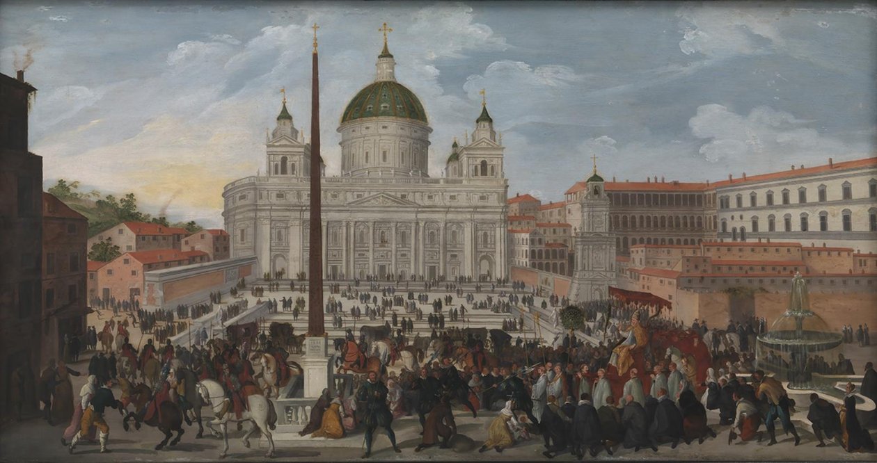 En pavelig procession på Piazza San Pietro i Rom af Jacob Isaacsz. van Swanenburg
