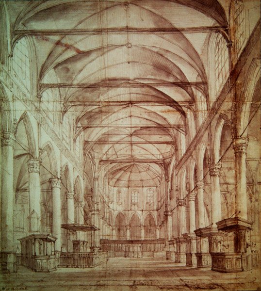 Indvendig udsigt over Oude Kerk (den gamle kirke) i Amsterdam (grafit og indisk blæk på papir) af Jacob van Ruisdael
