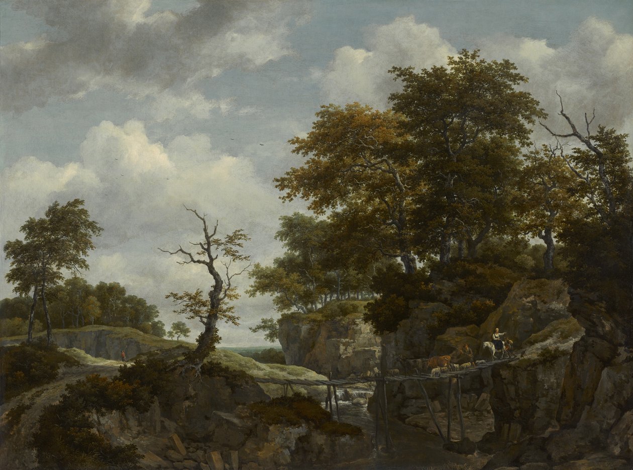 Landskab med bro, kvæg og figurer, c.1660 af Jacob van Ruisdael