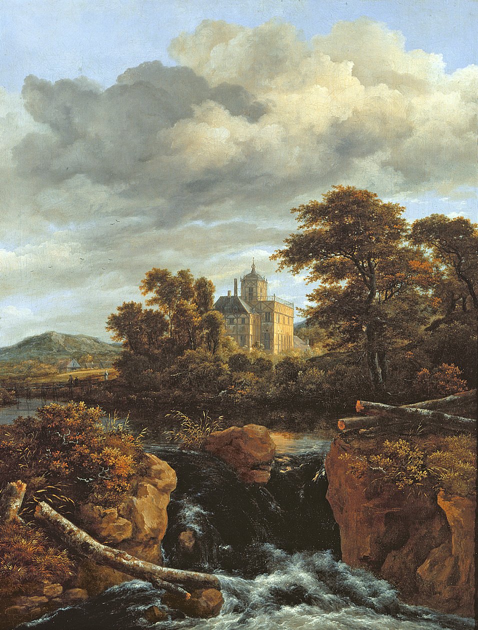 Landskab med vandfald og slot, ca. 1670 af Jacob van Ruisdael