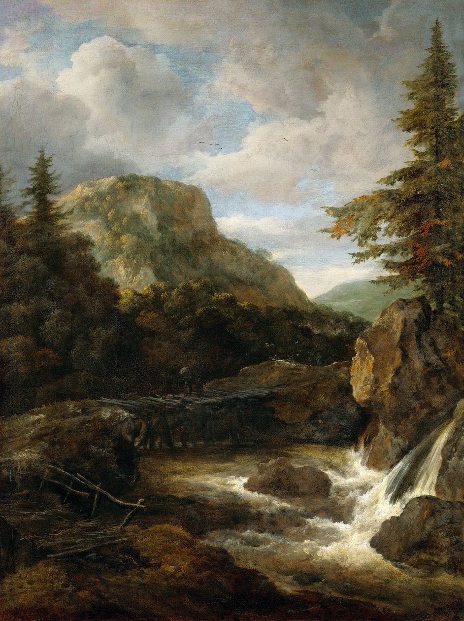 Bjerglandskab med vandfald - Jacob Isaacksz van Ruisdael (1628/29-1682). Olie på lærred, ca 1675. Mål: 62,5x45,5 cm. Kunsthistorisk museum, Vienne af Jacob van Ruisdael