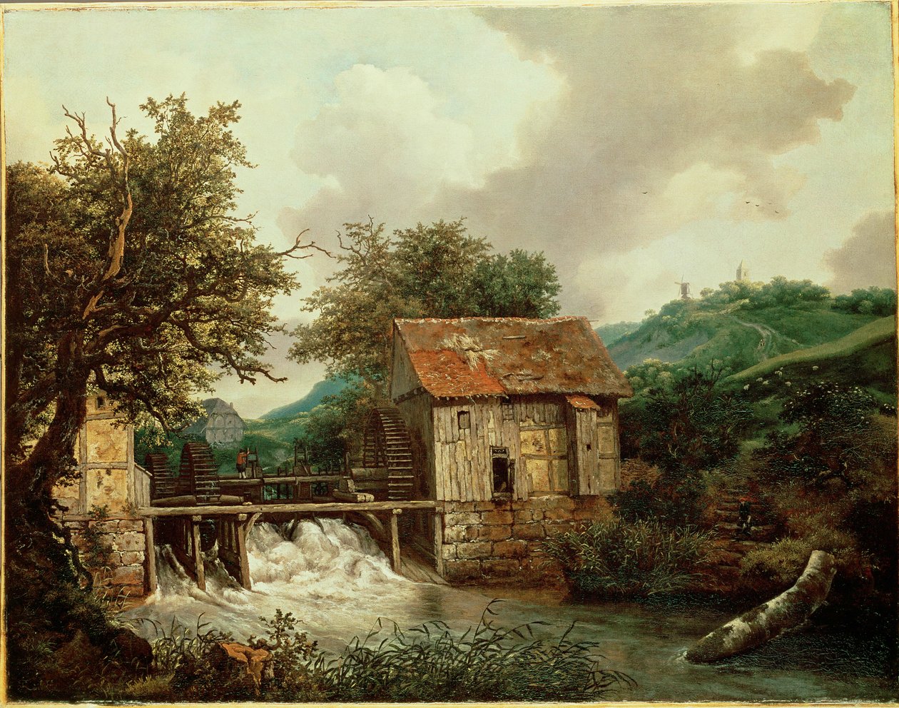 To vandmøller og en åben sluse ved Singraven, Holland (olie på lærred) af Jacob Isaaksz. or Isaacksz. van Ruisdael
