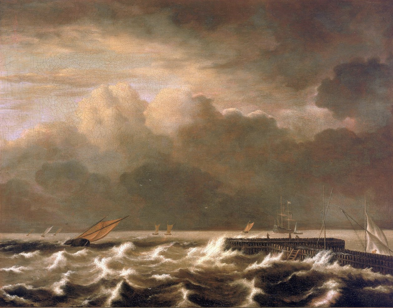Stormfuldt hav slår ind over molen og viser små fiskerbåde, der er fanget i stormen. Olie på lærred af Jacob Isaakszoon van Ruisdael (Ruysdael) (1628-1682). af Jacob Isaakszoon van Ruysdael