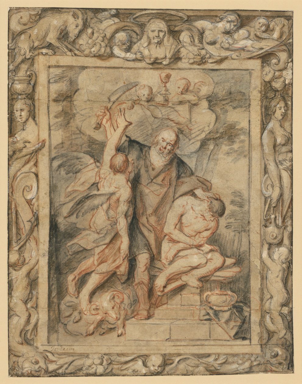Ofreelsen af Isak (1. Mosebog 22,1-12) i en figurativ ramme af Jacob Jordaens