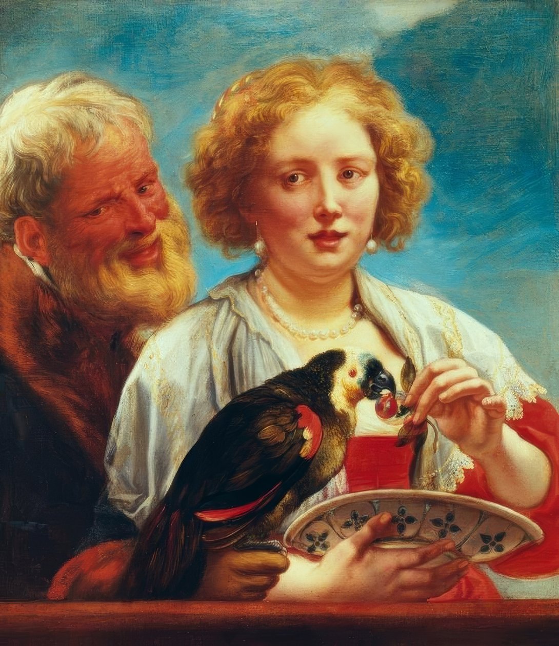 En ung kvinde med en gammel mand og en papegøje af Jacob Jordaens