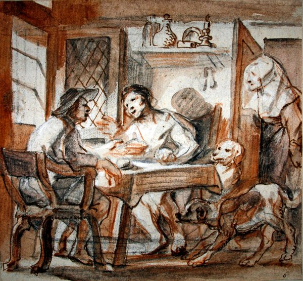 Esau sælger sin førstefødselsret til Jakob (sort og rødt kridt, pen og brunt blæk, brun vask, forhøjet med hvid) af Jacob Jordaens