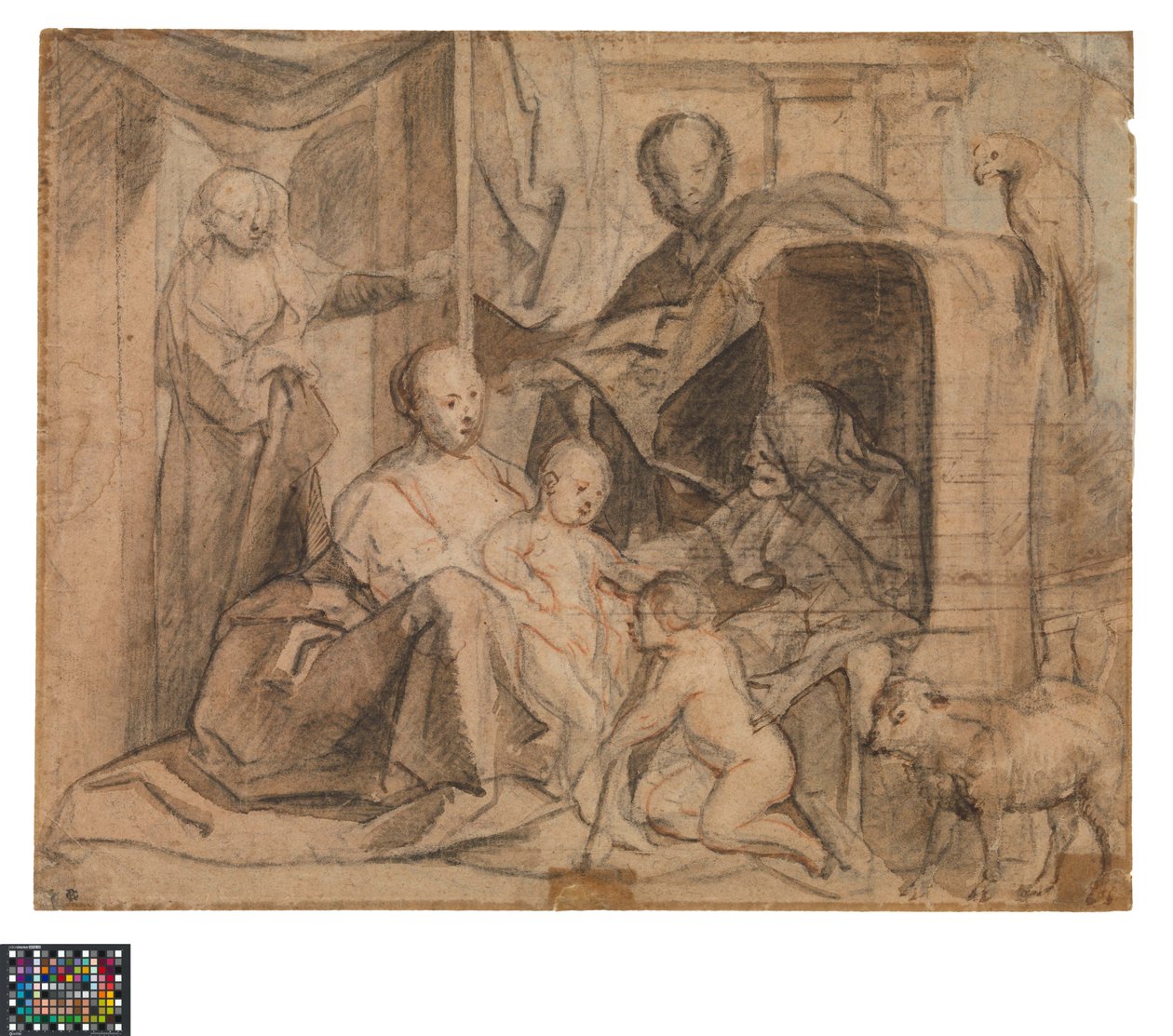 Tysk: Den hellige familie med Elisabeth og Johannes Døberen (bagside: dør, døråbning og Hermes)
Hollandsk: De Heilige Familie met Elisabeth en de kleine Johannes (side: Deur, deuropening en Hermes) af Jacob Jordaens