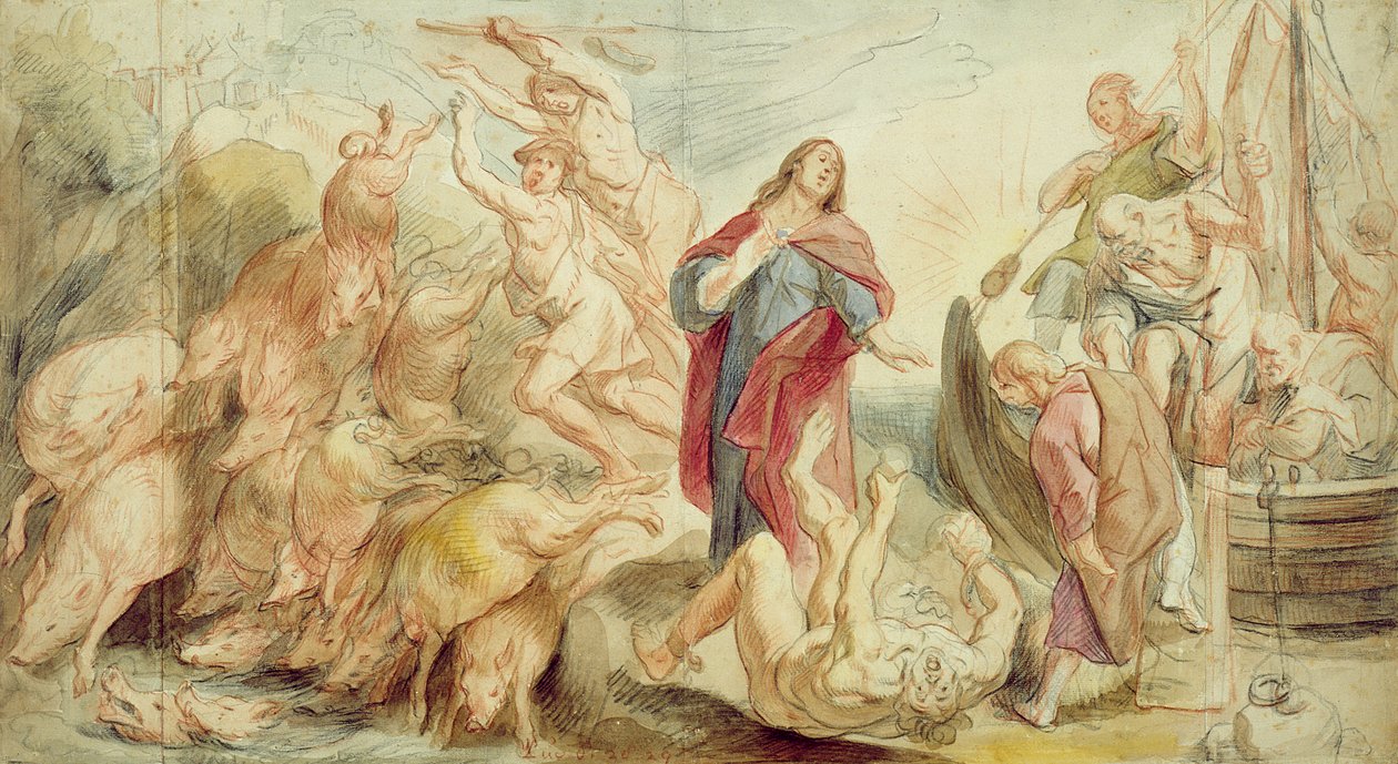 Jesus driver djævelen fra de besatte (kridt & wc på papir) af Jacob Jordaens