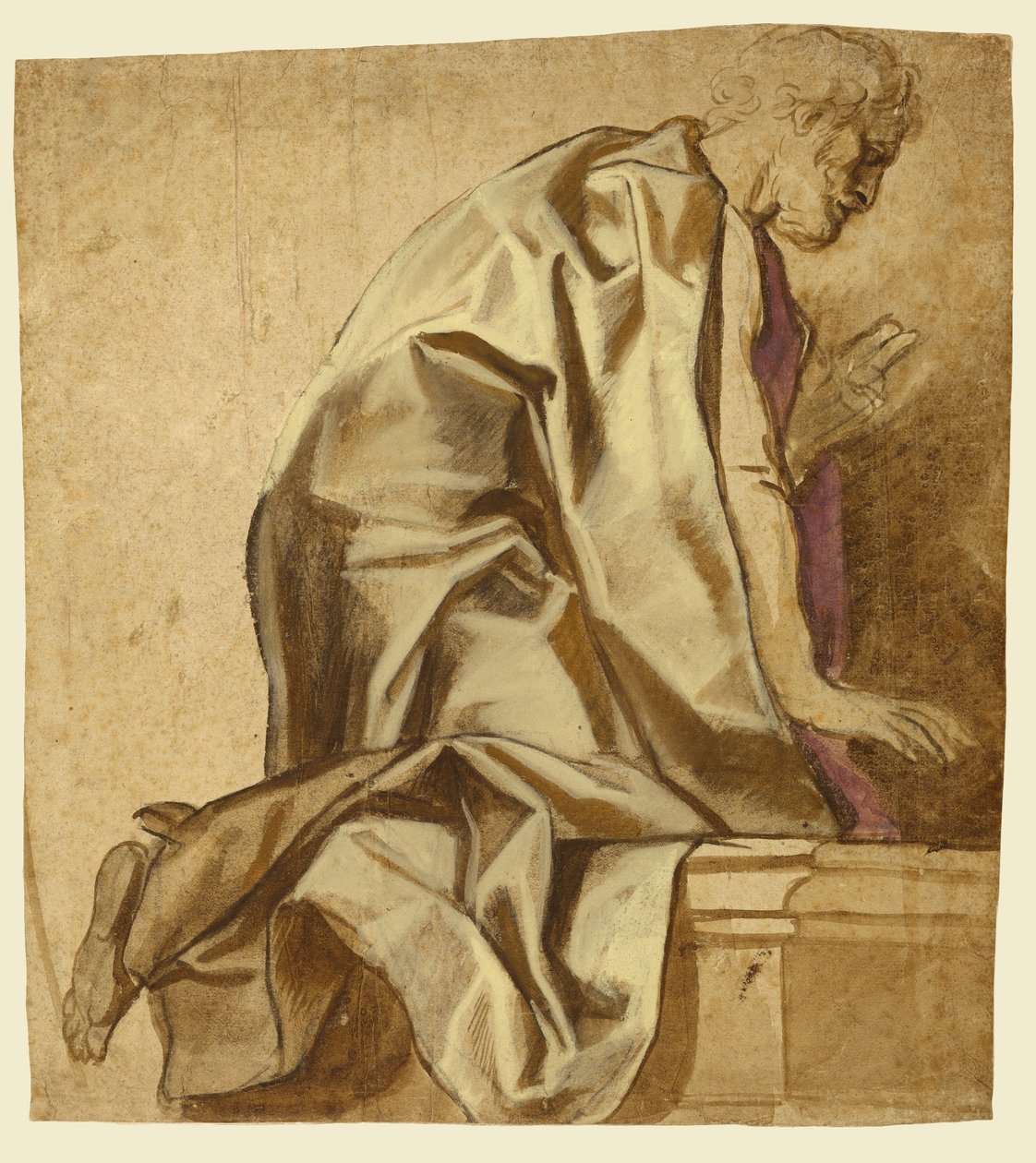 Knælende mand med front mod højre (recto); skitser af figurer (verso) af Jacob Jordaens