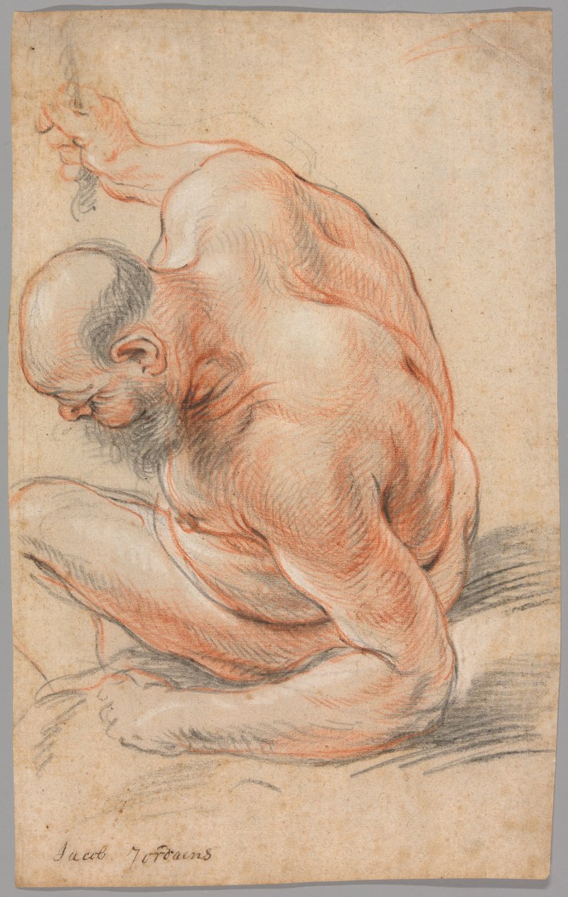 Nøgen gammel mand siddende, lænet på sin underarm, vendt mod venstre af Jacob Jordaens