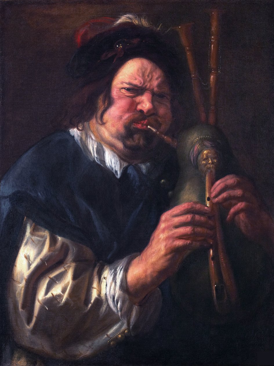 Selvportræt, der spiller sækkepibe af Jacob Jordaens
