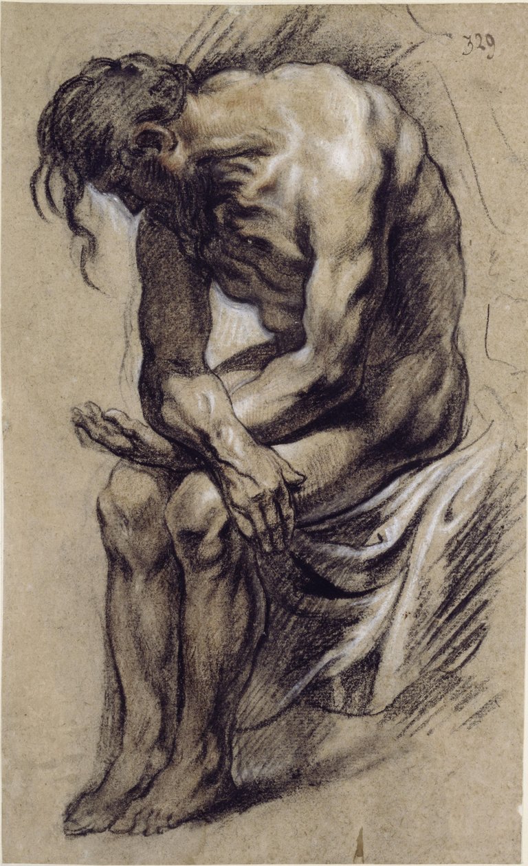 Siddende nøgen mand, studie til en Kristus under tornekroningen af Jacob Jordaens