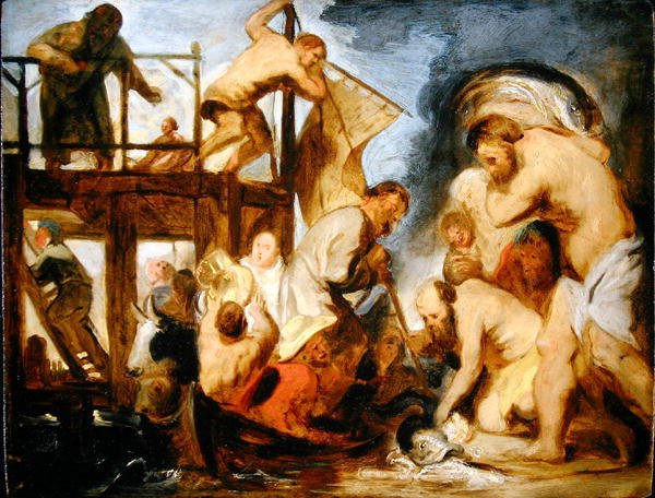 Skitse til St. Peter Finder hyldestpengene i fiskens mund (olie på panel) af Jacob Jordaens