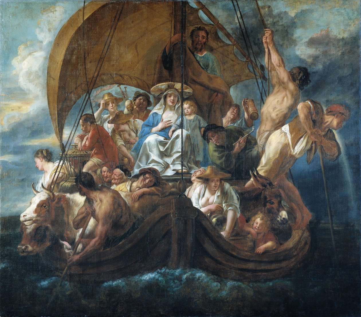 Den hellige familie med forskellige personer og dyr i en båd af Jacob Jordaens