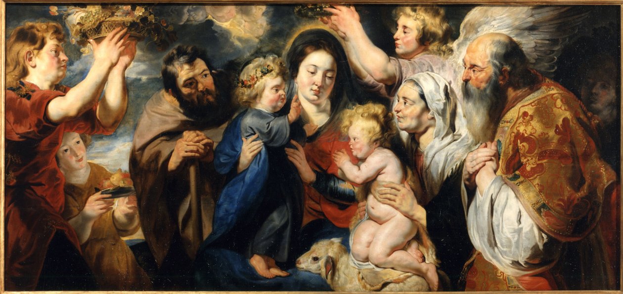 Den hellige familie med den unge Johannes Døberen og engle, ca. 1616-1617. af Jacob Jordaens