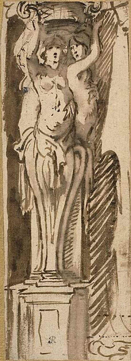 Tre karyatider støtter en kurv af Jacob Jordaens