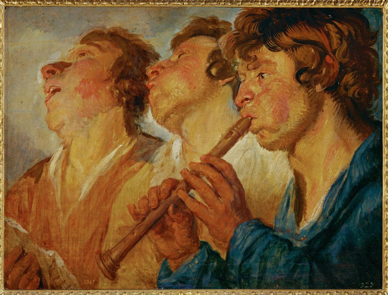 Tre omvandrende musikere, to synger, en tredje spiller ... (maleri på træ) af Jacob Jordaens