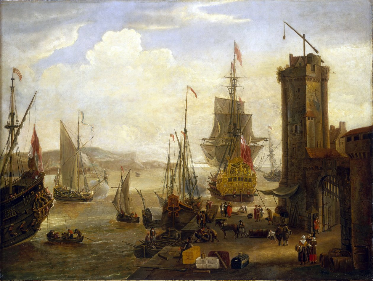 Scene af aktiviteter på havnen i en britisk havn, engelske og hollandske skibe, der laster varer fra pakhuse og butikker på havnen, og forskellige skibes indsejling i havnen. af Jacob Knyff