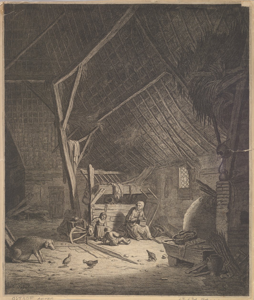 Interiør af en lade med mor og to børn, lige foran en grisekopi, 1600-tallet. af Jacob Louys