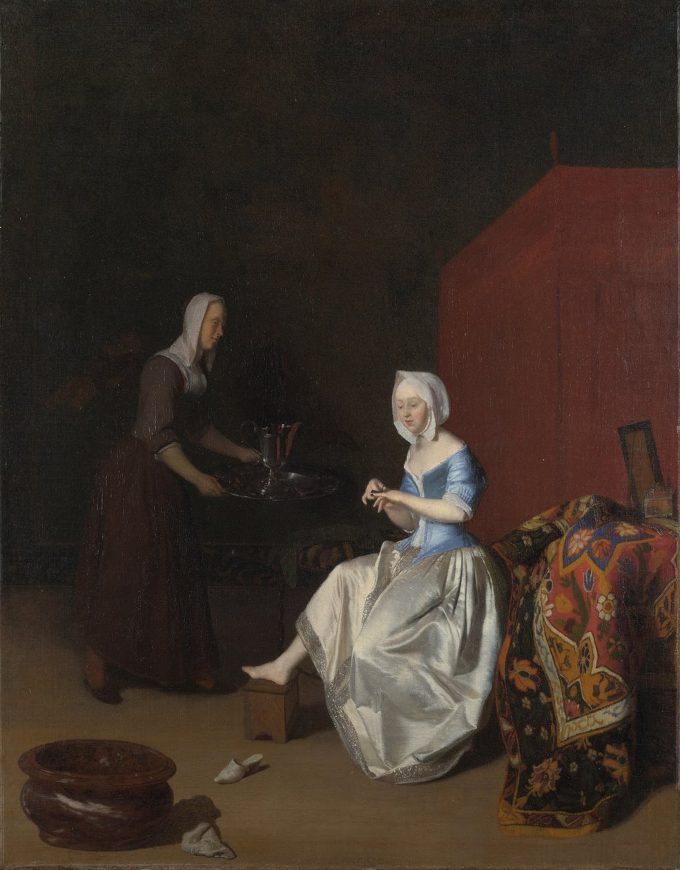 En ung dame, der trimmer sine negle, overværet af en tjenestepige, ca. 1670 af Jacob Lucasz. Ochtervelt