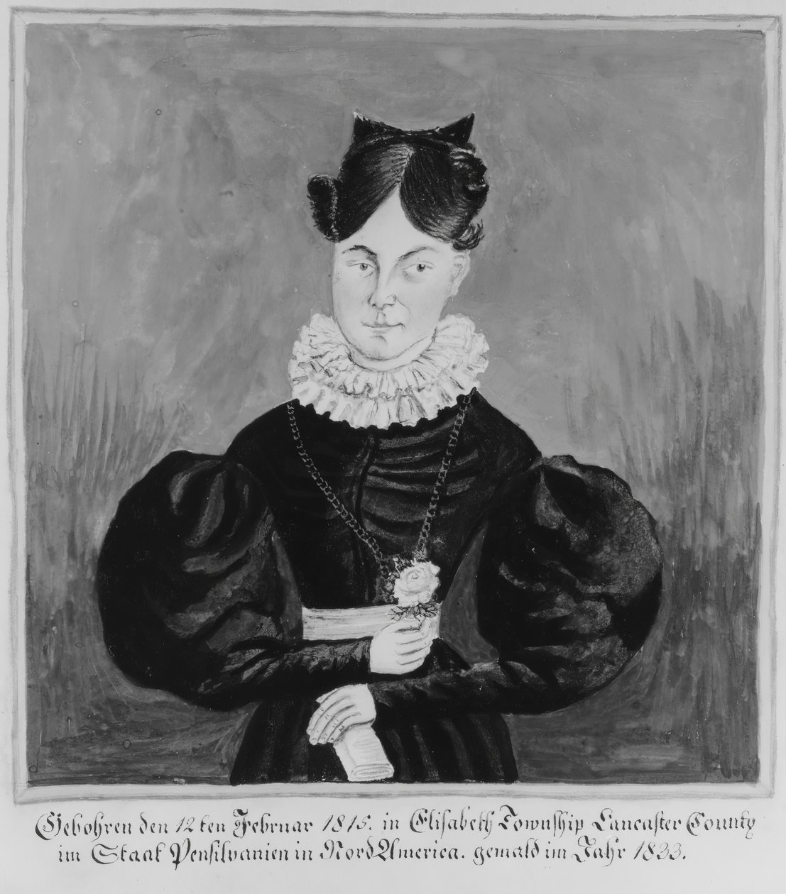 Portræt og fødselsoversigt af Mahala Wechter, 1833. af Jacob Maentel